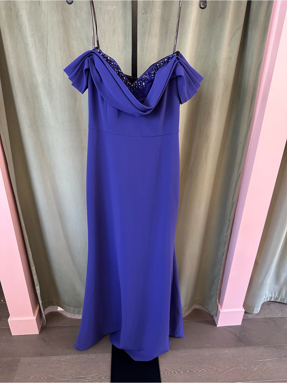 Theia Off-the-Shoulder Royal Purple Draped Evening Gown